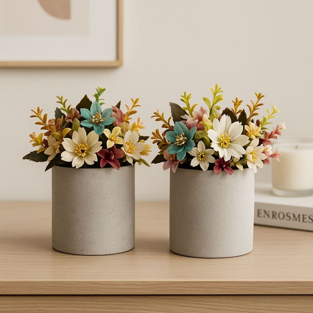 Kit com 4 vasinhos decorativos e flores artificiais