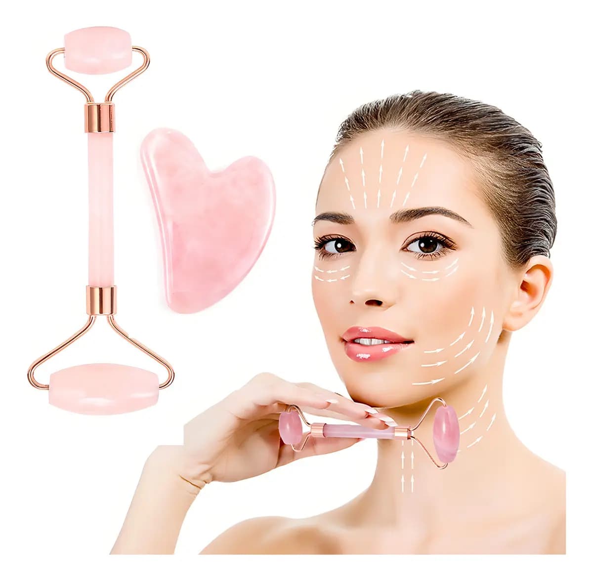 Rolo Massageador Facial Pedra Natural Jade Rosa de Quartzo