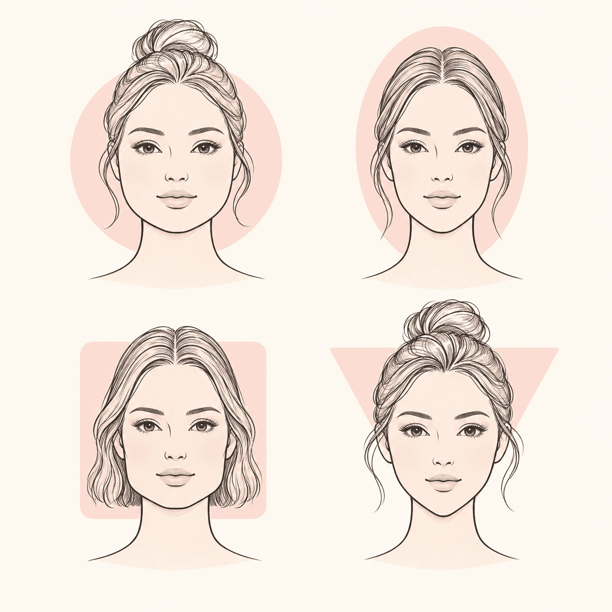 Ilustração com rostos redondo, oval, quadrado e coração ou triangular