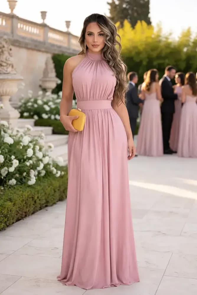 Vestido longo gala forrado com bojo e gola alta