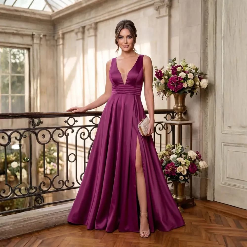 Vestido longo para madrinha e casamento com fenda