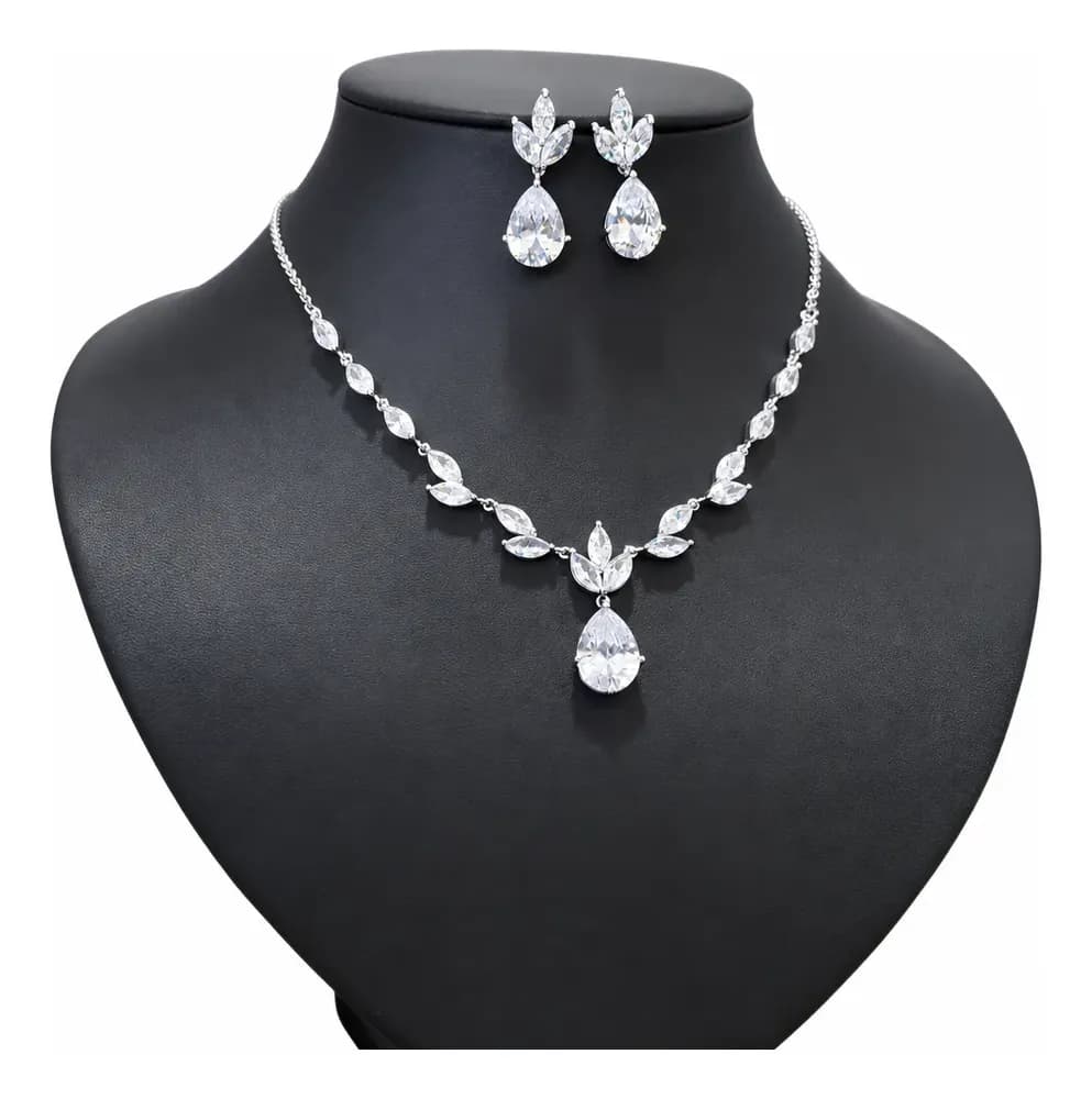 Conjunto Colar Brinco Noiva Pedra Zircônia Prata Gota