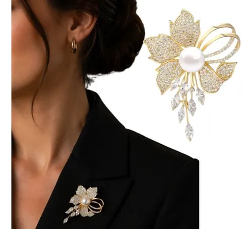Broche Floral Zircônia e Pérola Feminino Chique