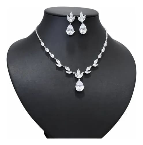 Conjunto Colar Brinco Noiva Pedra Zircônia Prata Gota