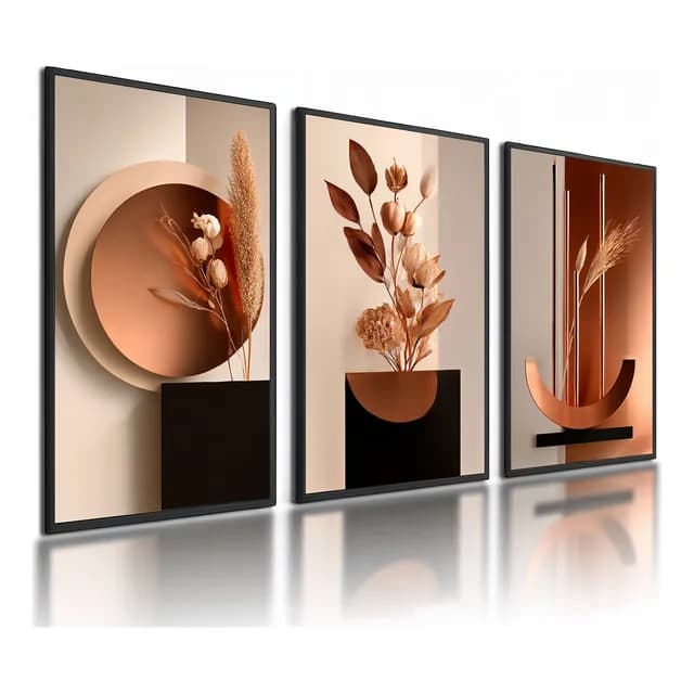 Kit com 3 quadros abstratos florais em tons terrosos